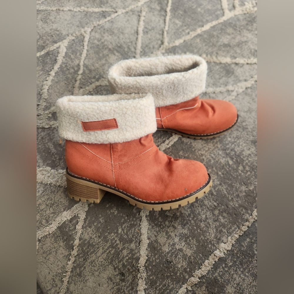 Cozy Orange Suede Ankle Boots with Fuzzy Faux Fur Lining With A Block Heel